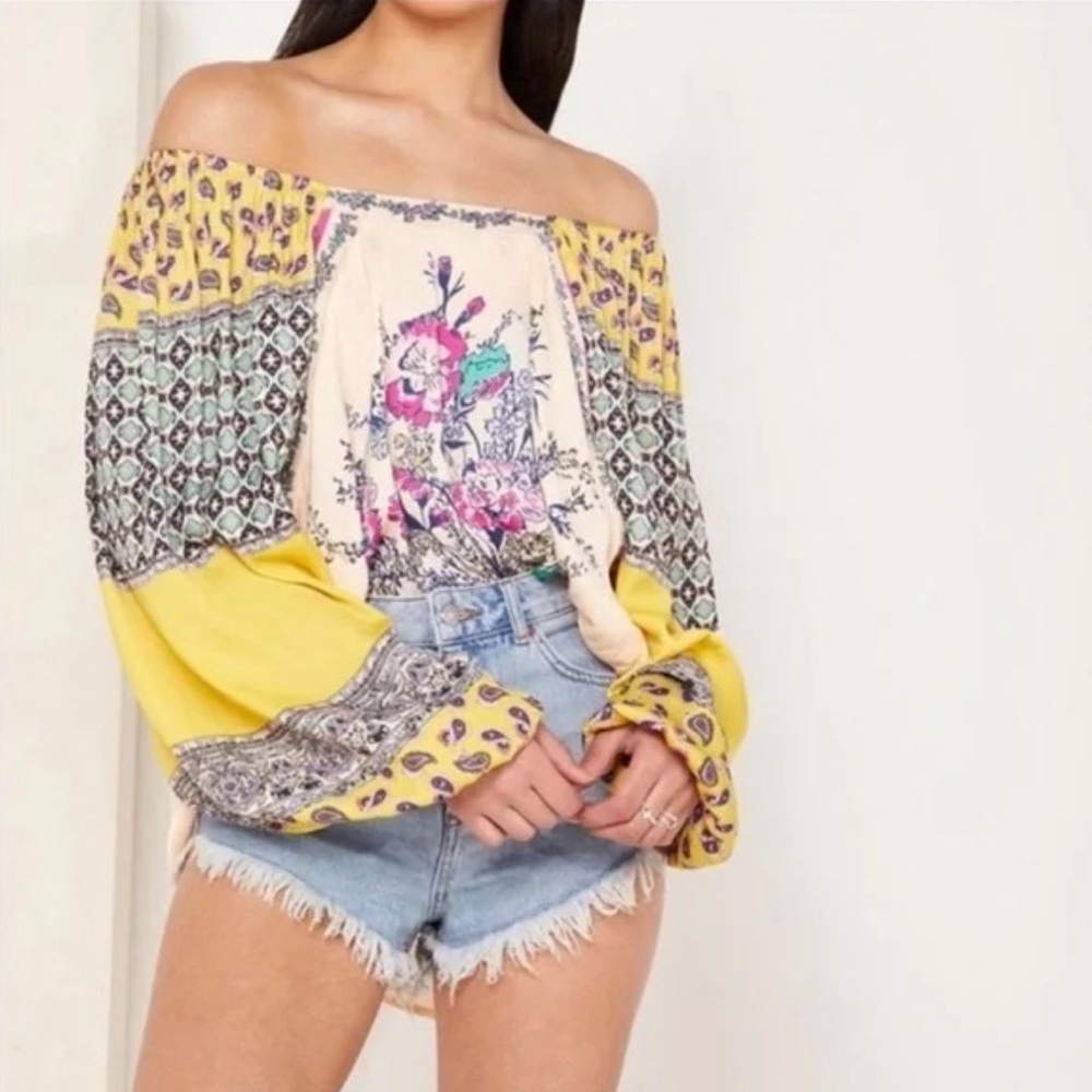 Free People M ulticolor Satin Floral Off-Shoulder Long Sleeve Top Size M